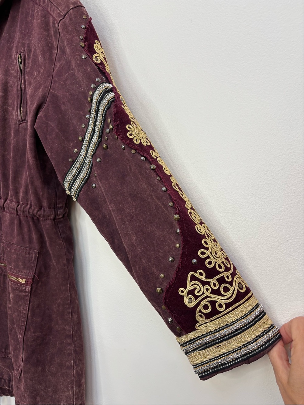 Free People Golden Quills Military Parka Jacket Size S Boho Merlot Burgundy - Picture 7 of 14